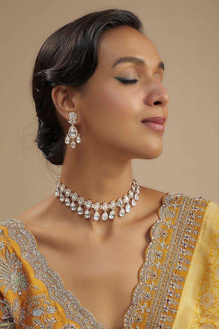 Gold Finish Kundan Polki Necklace Set by Zevar By Geeta at Pernia's Pop Up Shop
