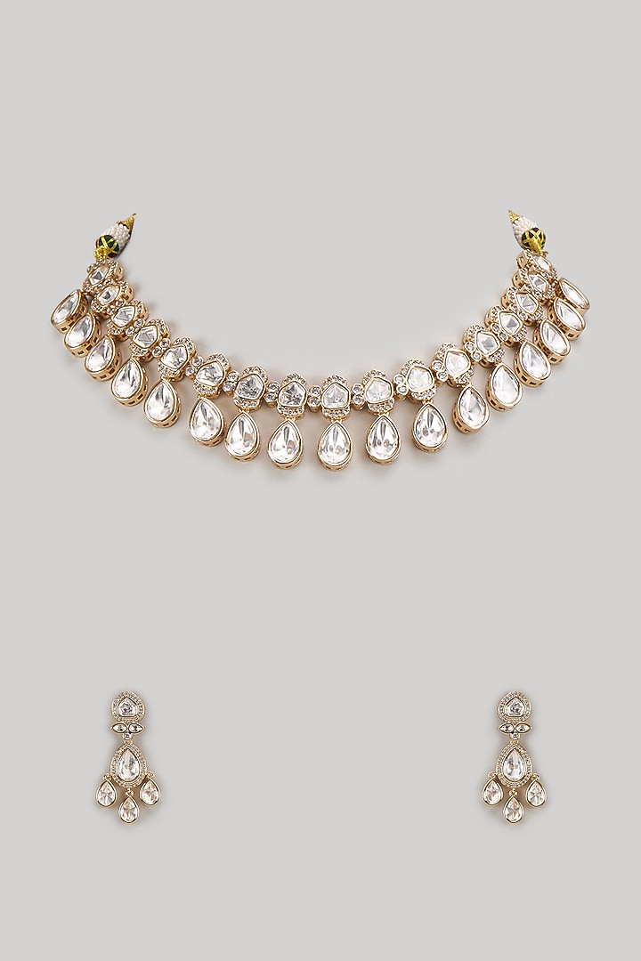 Gold Finish Kundan Polki Necklace Set by Zevar By Geeta at Pernia's Pop Up Shop