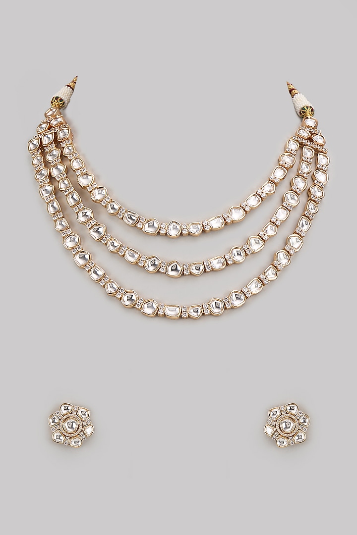 Gold Finish Moissanite Polki Layered Necklace Set by Zevar By Geeta at Pernia's Pop Up Shop
