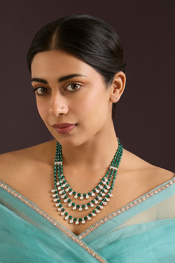 Gold Finish Kundan Polki & Green Beaded Layered Necklace by Zevar By Geeta at Pernia's Pop Up Shop