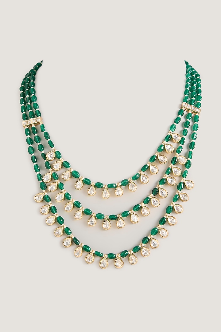 Gold Finish Kundan Polki & Green Beaded Layered Necklace by Zevar By Geeta at Pernia's Pop Up Shop