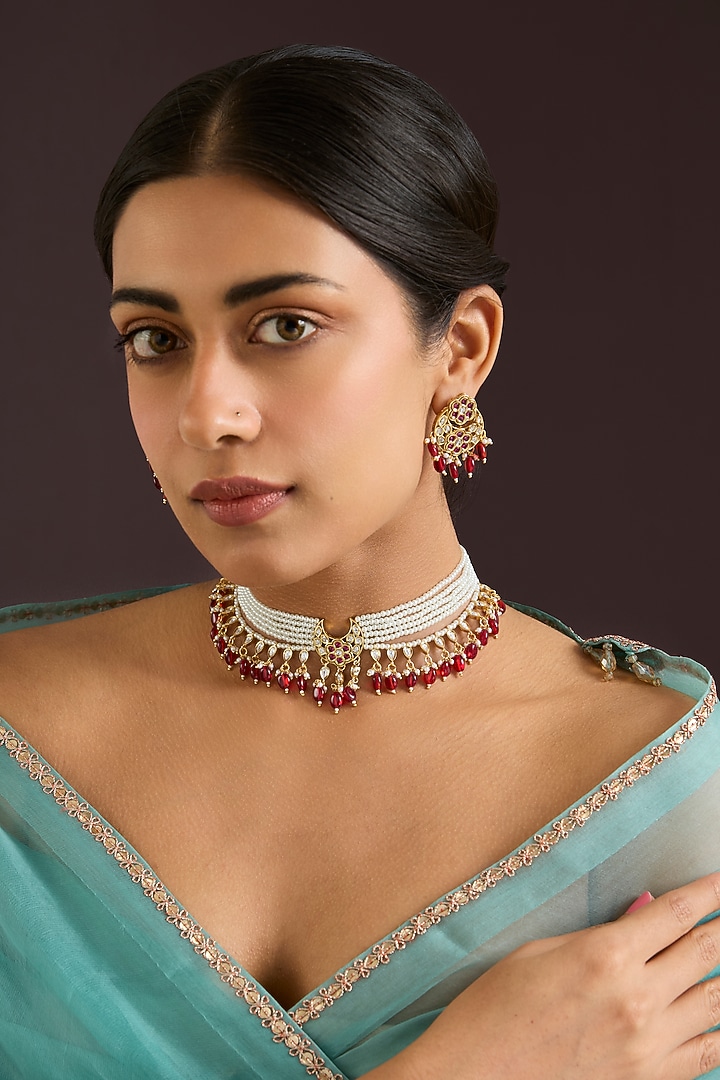 Gold Finish Kundan Polki & Red Pearl Choker Necklace Set by Zevar By Geeta at Pernia's Pop Up Shop