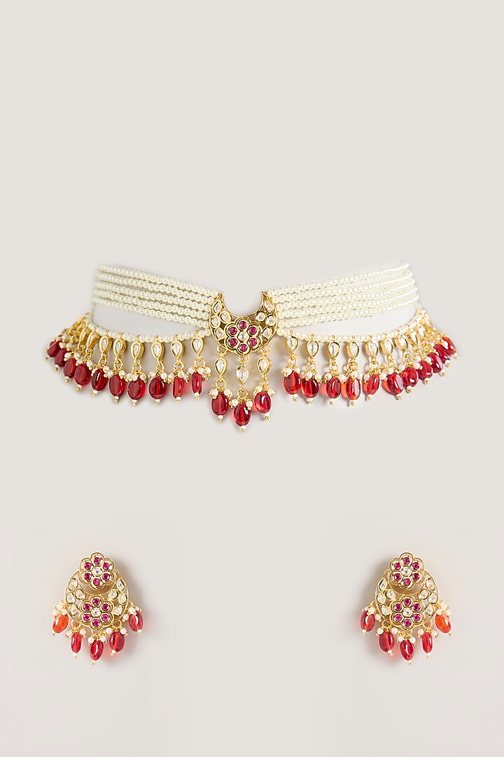 Gold Finish Kundan Polki & Red Pearl Choker Necklace Set by Zevar By Geeta at Pernia's Pop Up Shop