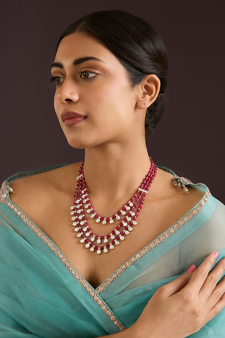 Gold Finish Kundan Polki & Red Beaded Layered Necklace by Zevar By Geeta at Pernia's Pop Up Shop