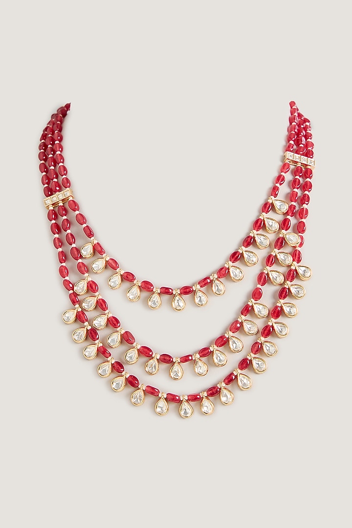 Gold Finish Kundan Polki & Red Beaded Layered Necklace by Zevar By Geeta at Pernia's Pop Up Shop