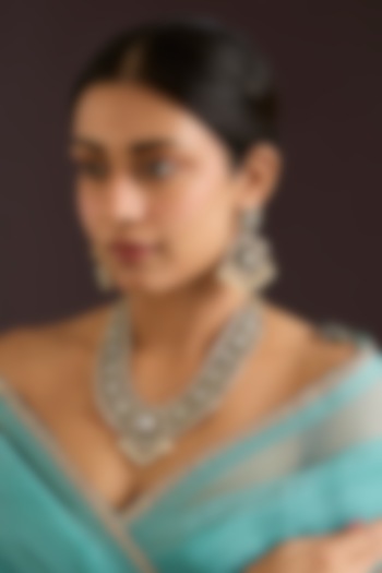 Gold Finish Kundan Polki & Green Stone Long Necklace Set by Zevar By Geeta at Pernia's Pop Up Shop
