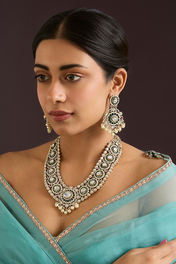 Gold Finish Kundan Polki & Green Stone Long Necklace Set by Zevar By Geeta at Pernia's Pop Up Shop