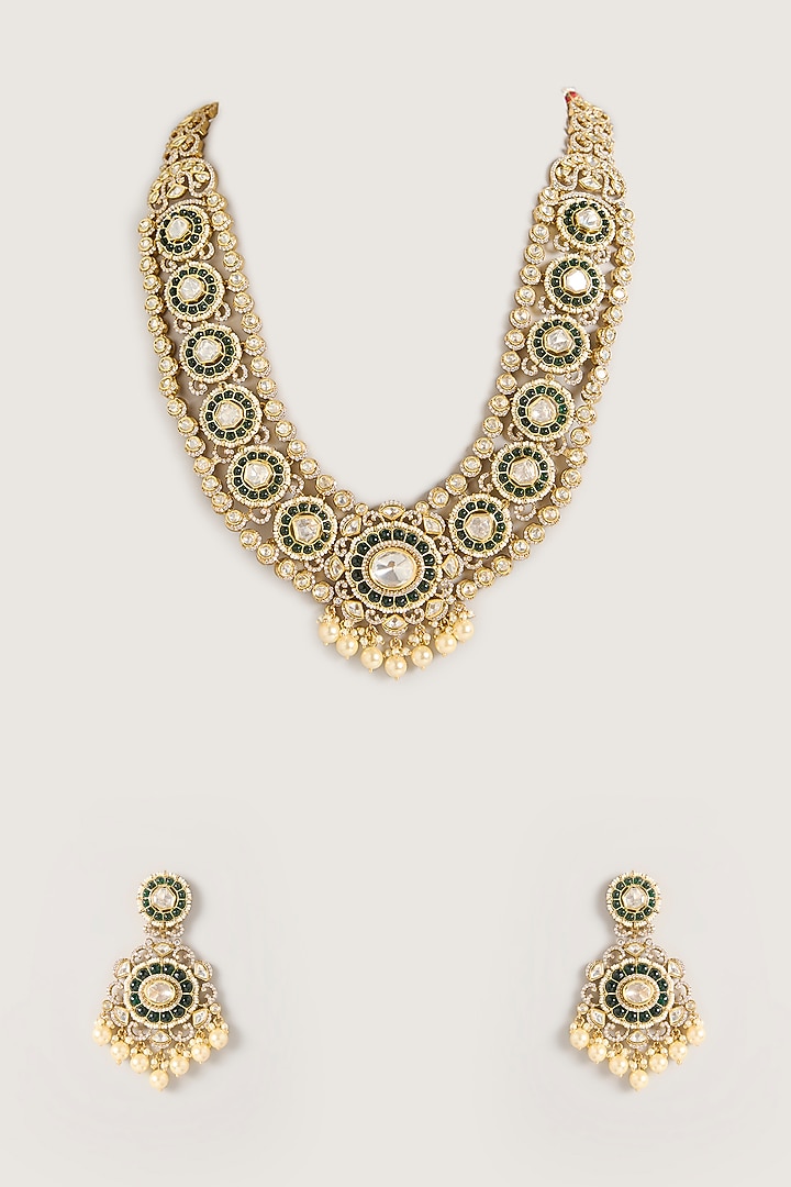 Gold Finish Kundan Polki & Green Stone Long Necklace Set by Zevar By Geeta at Pernia's Pop Up Shop