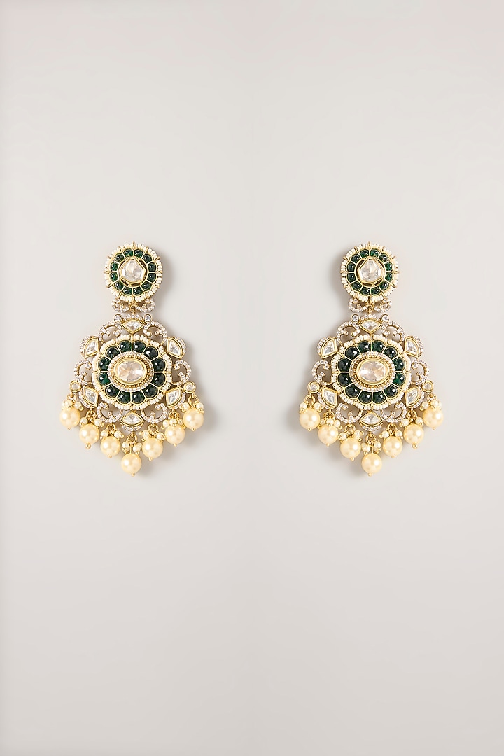 Gold Finish Kundan Polki & Green Stone Long Necklace Set by Zevar By Geeta at Pernia's Pop Up Shop
