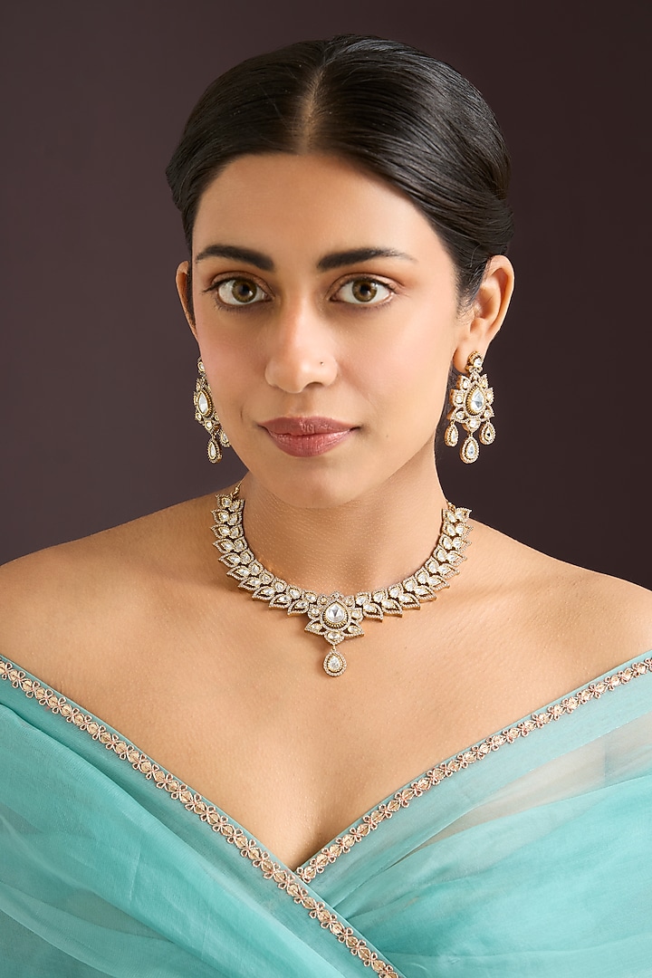 Two Tone Finish Kundan Polki Necklace Set by Zevar By Geeta at Pernia's Pop Up Shop