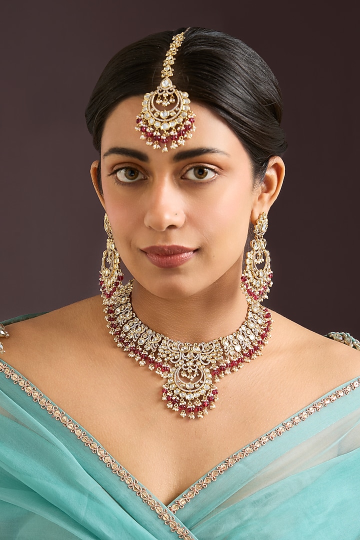Two Tone Finish Kundan Polki & Red Pearl Necklace Set by Zevar By Geeta at Pernia's Pop Up Shop