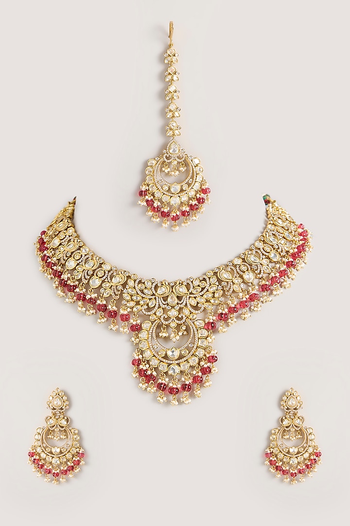 Two Tone Finish Kundan Polki & Red Pearl Necklace Set by Zevar By Geeta at Pernia's Pop Up Shop