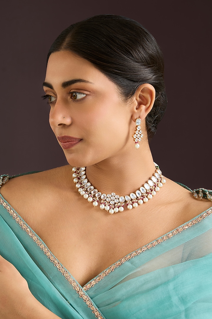 Gold Finish Kundan Polki & Pearl Necklace Set by Zevar By Geeta at Pernia's Pop Up Shop