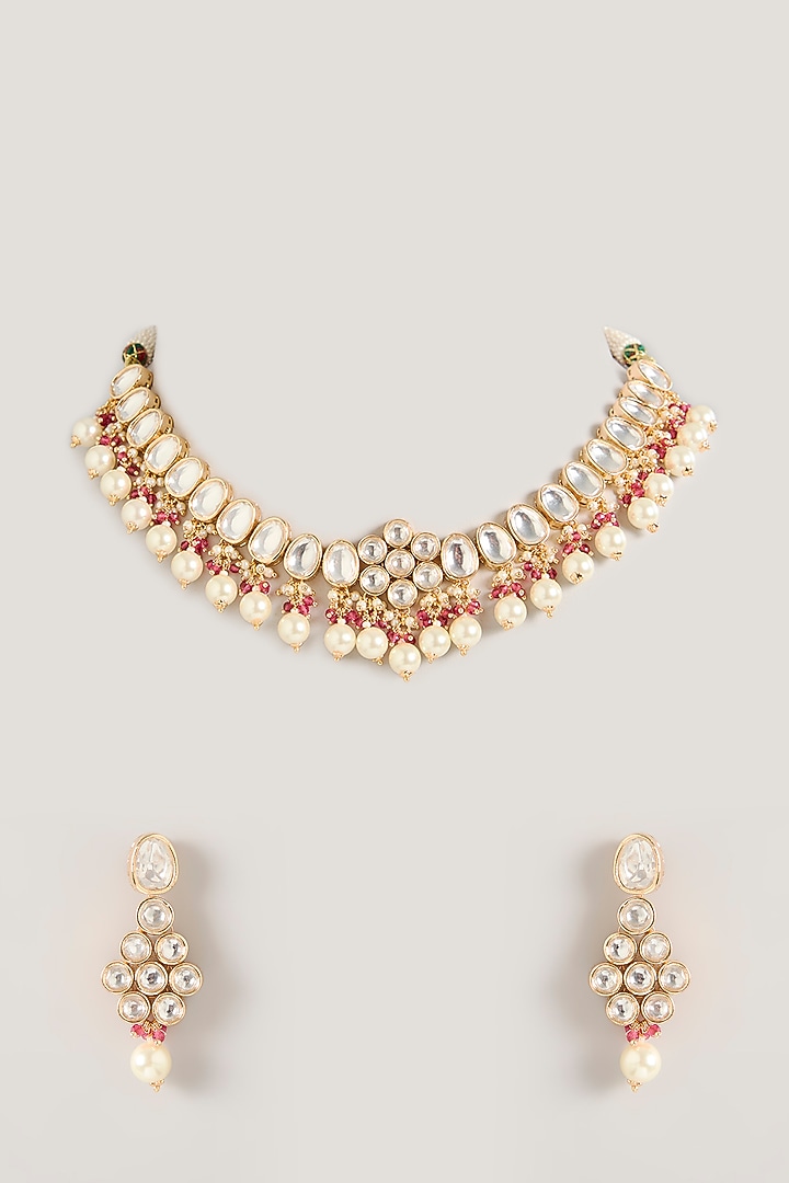 Gold Finish Kundan Polki & Pearl Necklace Set by Zevar By Geeta at Pernia's Pop Up Shop