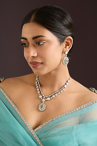 Two Tone Finish Kundan Polki & Green Stone Pendant Necklace Set by Zevar By Geeta