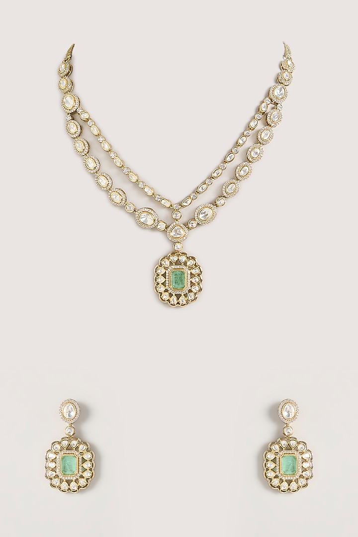 Two Tone Finish Kundan Polki & Green Stone Pendant Necklace Set by Zevar By Geeta at Pernia's Pop Up Shop