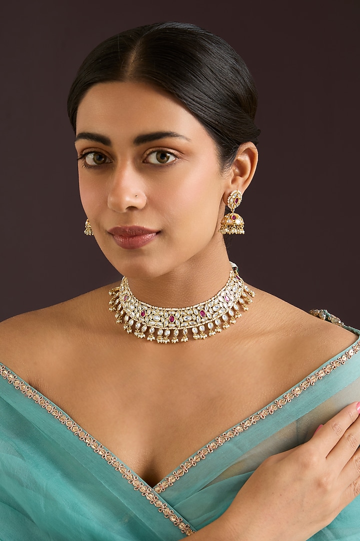 Gold Finish Kundan Polki & Red Stone Necklace Set by Zevar By Geeta at Pernia's Pop Up Shop