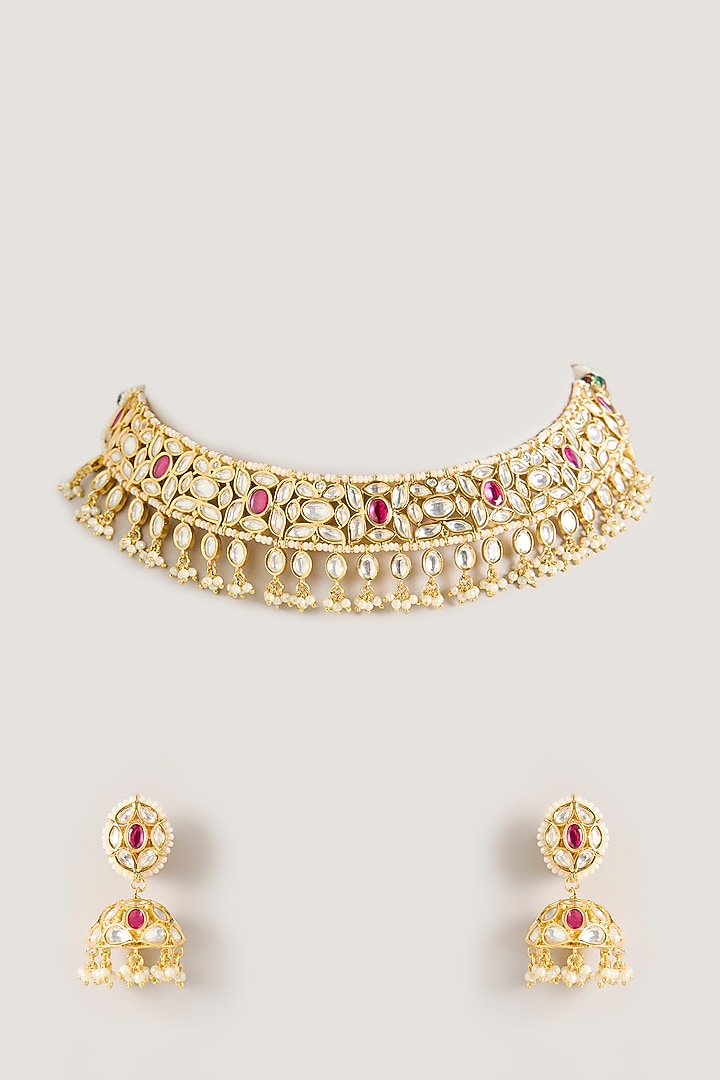 Gold Finish Kundan Polki & Red Stone Necklace Set by Zevar By Geeta at Pernia's Pop Up Shop