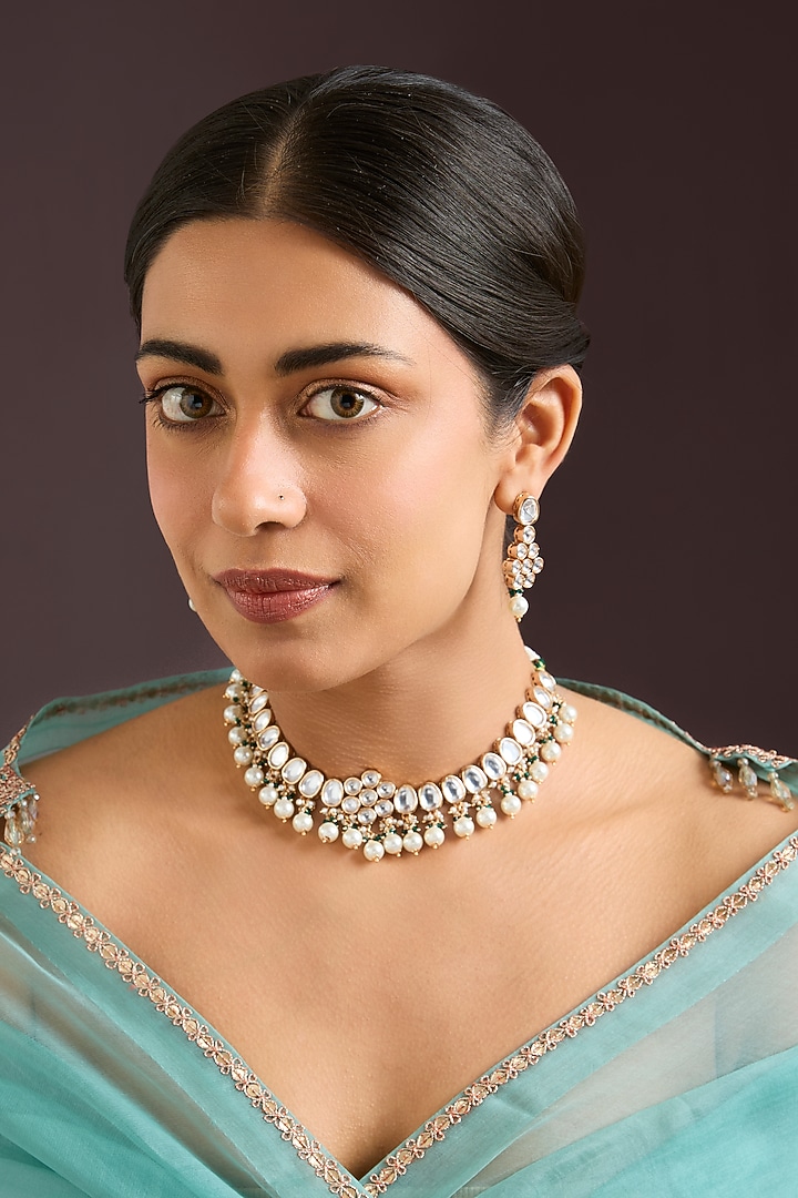 Gold Finish Kundan Polki & Pearl Necklace Set by Zevar By Geeta at Pernia's Pop Up Shop