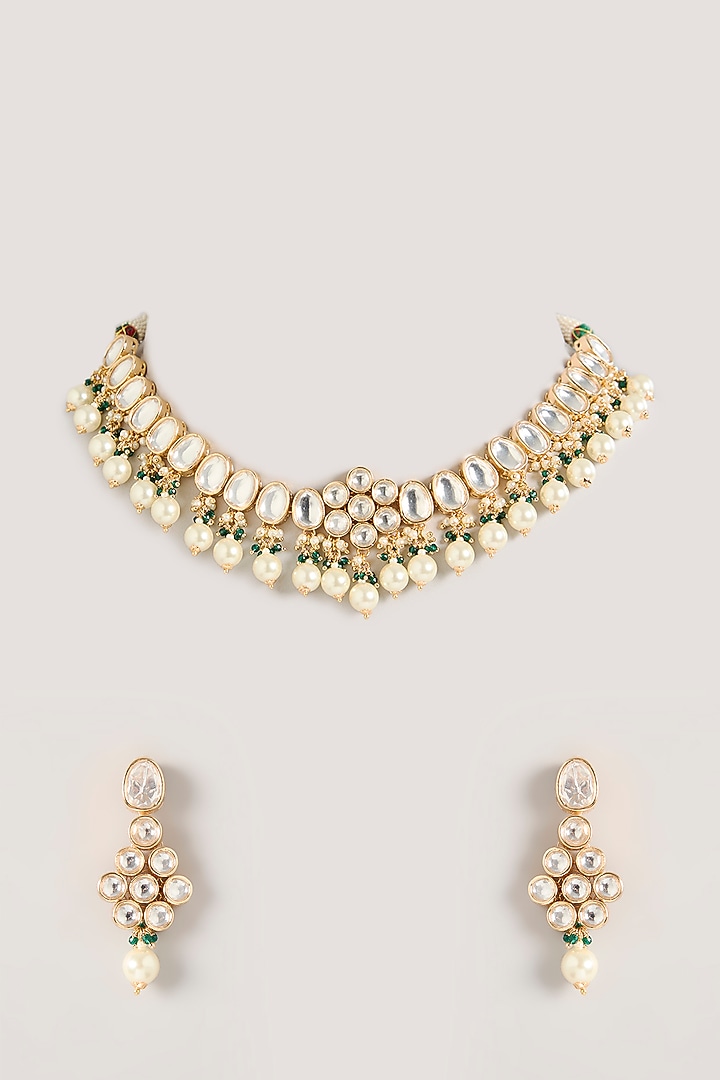 Gold Finish Kundan Polki & Pearl Necklace Set by Zevar By Geeta at Pernia's Pop Up Shop