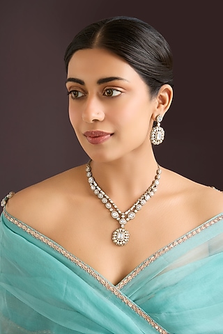 Two Tone Rhodium Finish Kundan Polki Pendant Necklace Set by Zevar By Geeta