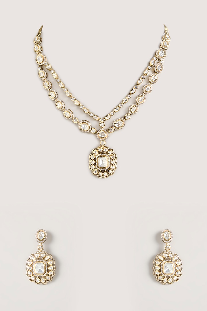 Two Tone Rhodium Finish Kundan Polki Pendant Necklace Set by Zevar By Geeta at Pernia's Pop Up Shop