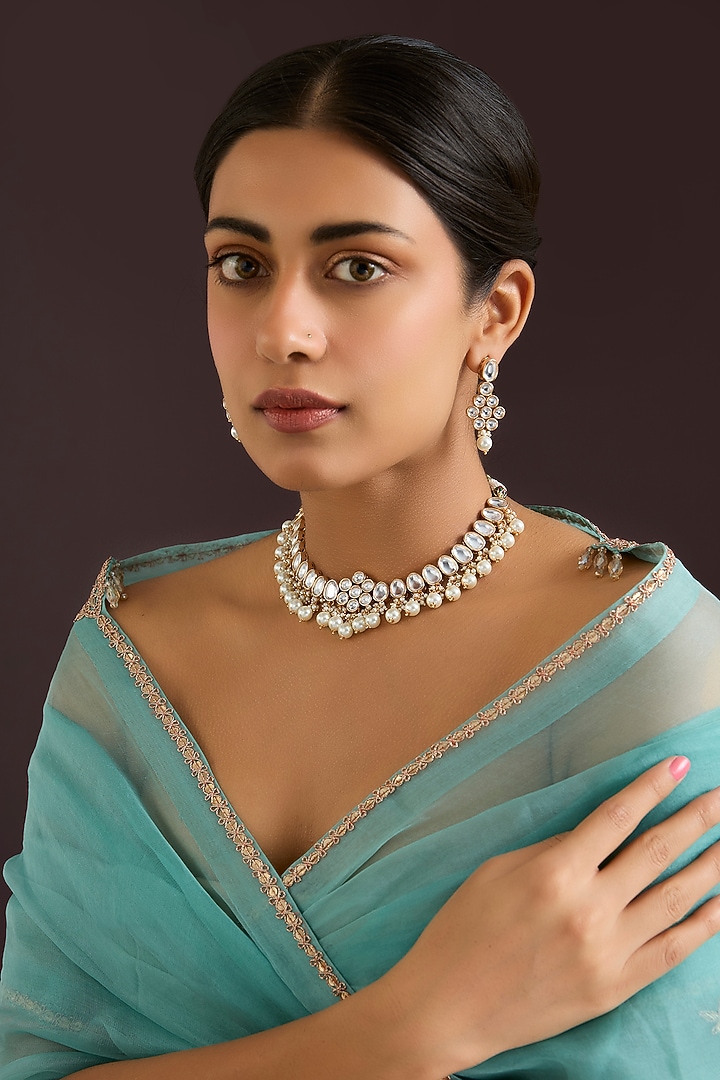 Gold Finish Kundan Polki & Pearl Necklace Set by Zevar By Geeta at Pernia's Pop Up Shop