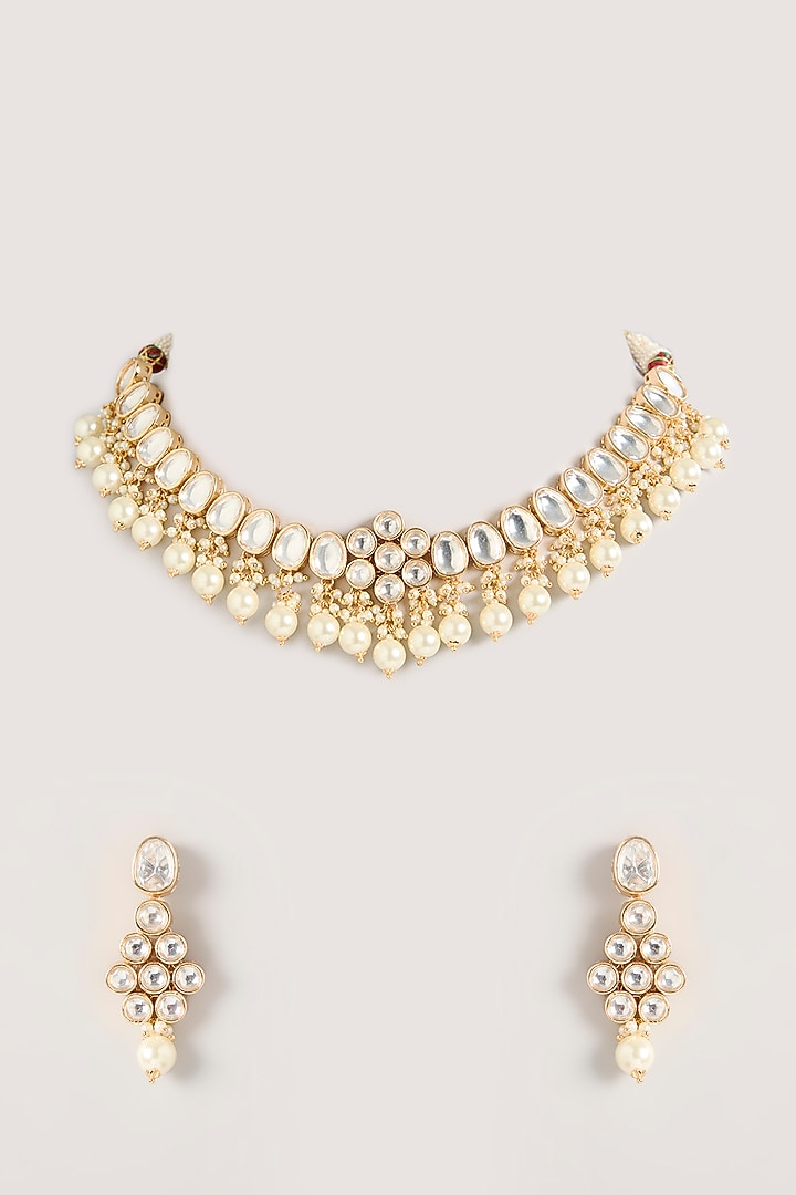 Gold Finish Kundan Polki & Pearl Necklace Set by Zevar By Geeta at Pernia's Pop Up Shop