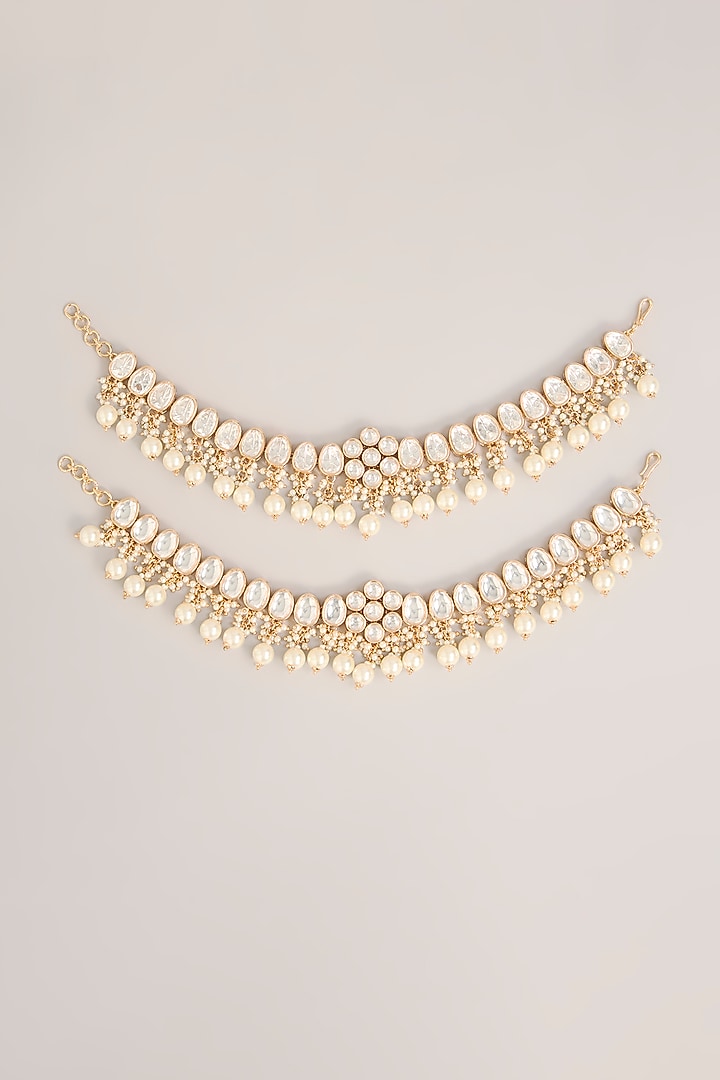 Gold Finish Kundan Polki Anklets (Set Of 2) by Zevar By Geeta at Pernia's Pop Up Shop