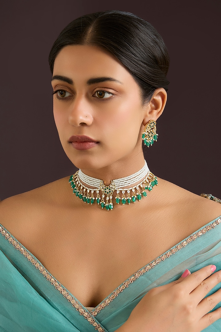 Gold Finish Kundan Polki & Green Pearl Choker Necklace Set by Zevar By Geeta at Pernia's Pop Up Shop