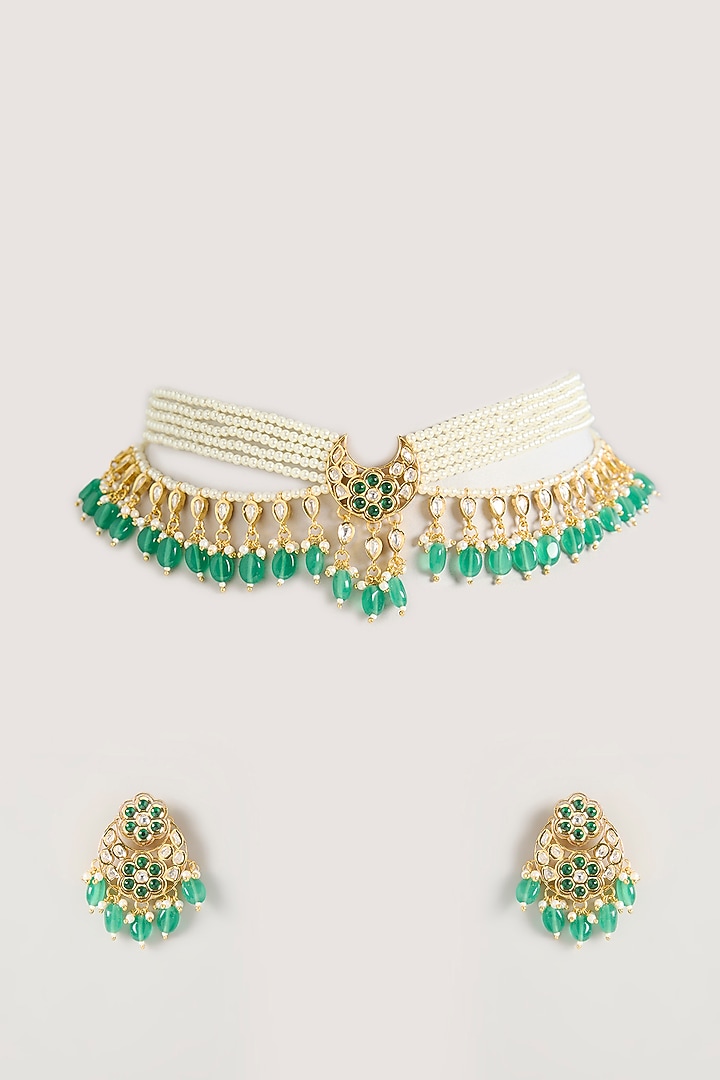 Gold Finish Kundan Polki & Green Pearl Choker Necklace Set by Zevar By Geeta at Pernia's Pop Up Shop