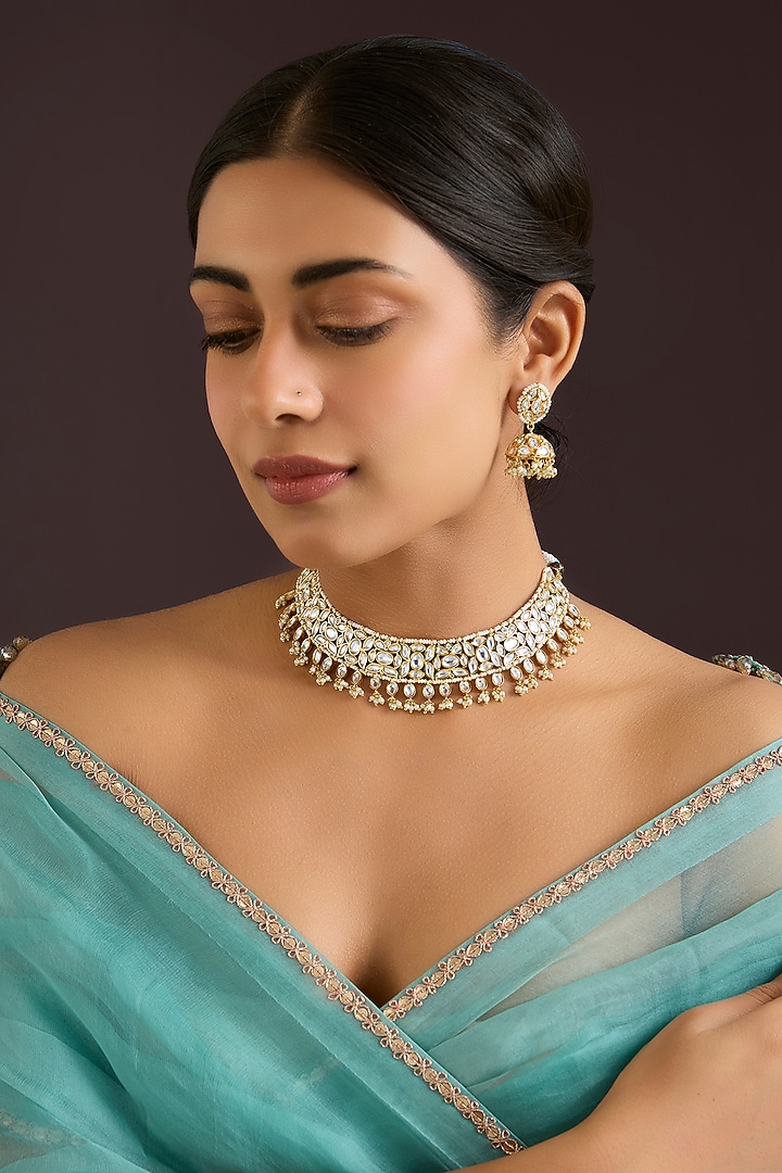 Gold Finish Kundan Polki Necklace Set by Zevar By Geeta at Pernia's Pop Up Shop