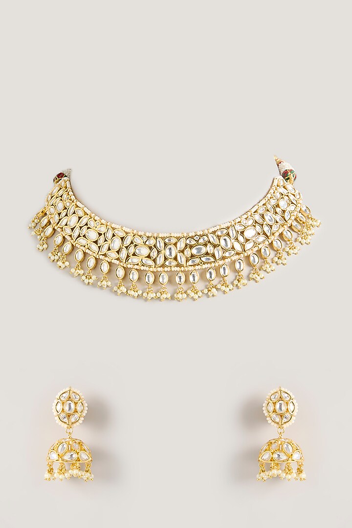 Gold Finish Kundan Polki Necklace Set by Zevar By Geeta at Pernia's Pop Up Shop