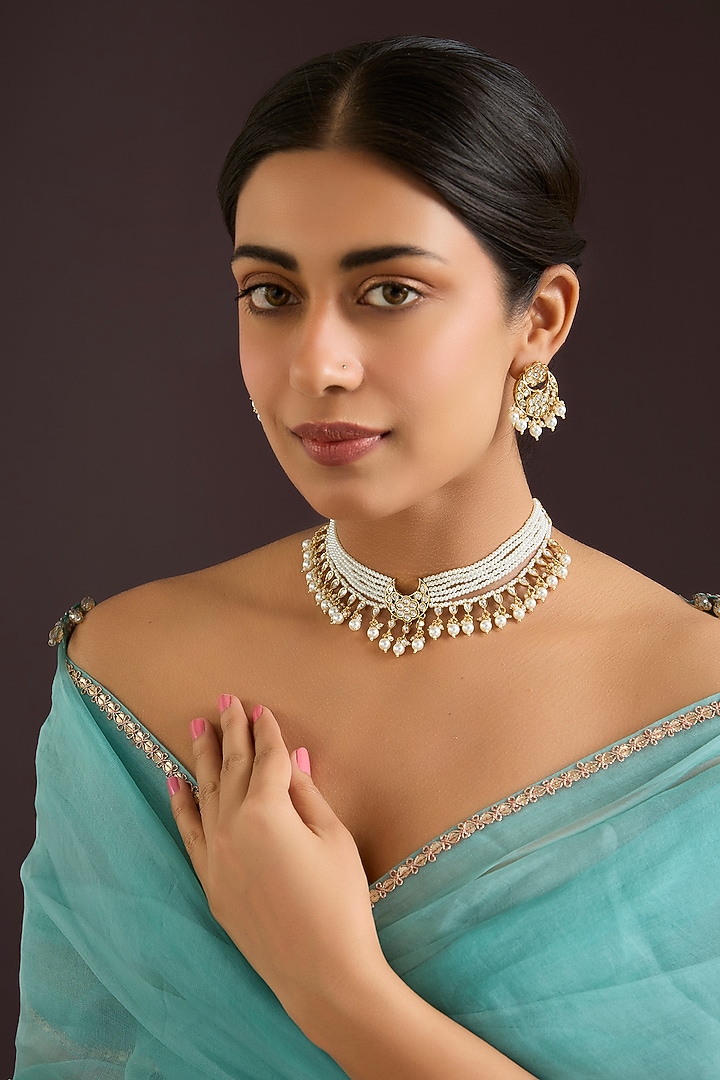 Gold Finish Kundan Polki & White Pearl Choker Necklace Set by Zevar By Geeta at Pernia's Pop Up Shop