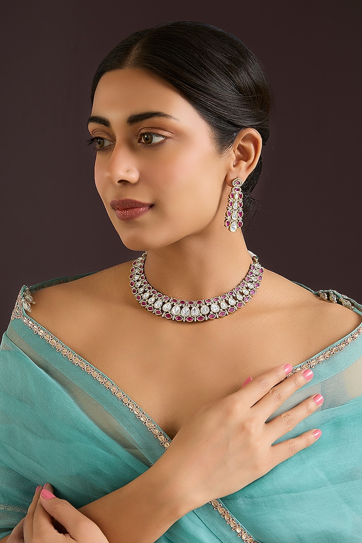 Two Tone Finish Kundan Polki & Red Stone Necklace Set by Zevar By Geeta at Pernia's Pop Up Shop