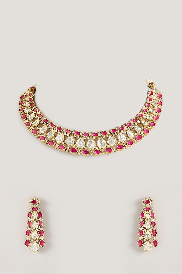 Two Tone Finish Kundan Polki & Red Stone Necklace Set by Zevar By Geeta at Pernia's Pop Up Shop