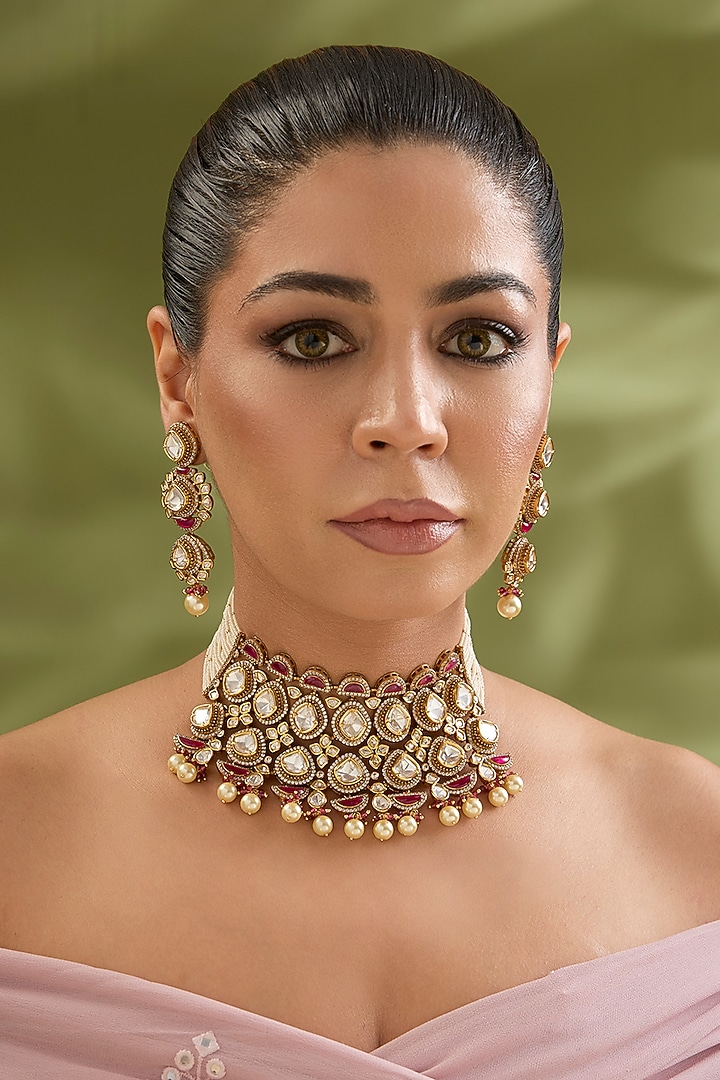 Two-Tone Finish Kundan Polki & Red Stone Choker Necklace Set by Zevar By Geeta at Pernia's Pop Up Shop
