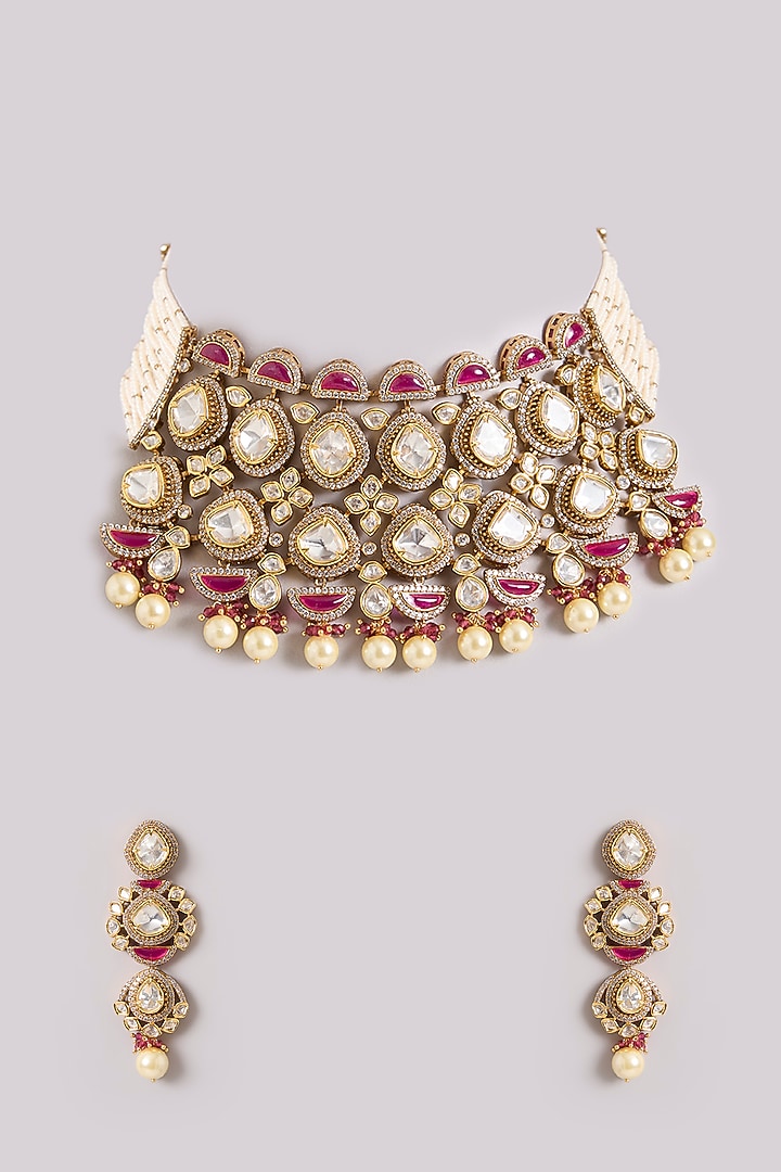 Two-Tone Finish Kundan Polki & Red Stone Choker Necklace Set by Zevar By Geeta at Pernia's Pop Up Shop