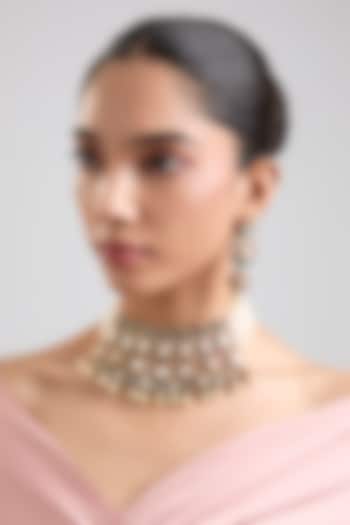 Gold Finish Kundan Polki & Green Stone Choker Necklace Set by Zevar By Geeta at Pernia's Pop Up Shop