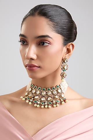 Gold Finish Kundan Polki & Green Stone Choker Necklace Set by Zevar By Geeta