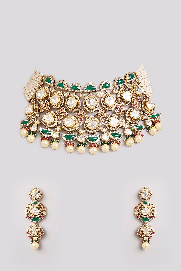 Gold Finish Kundan Polki & Green Stone Choker Necklace Set by Zevar By Geeta at Pernia's Pop Up Shop