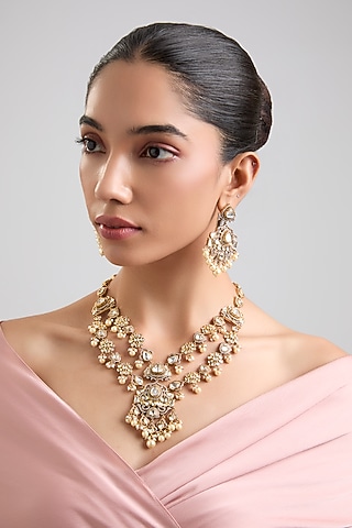 Gold Finish Kundan Polki Layered Necklace Set by Zevar by Geeta