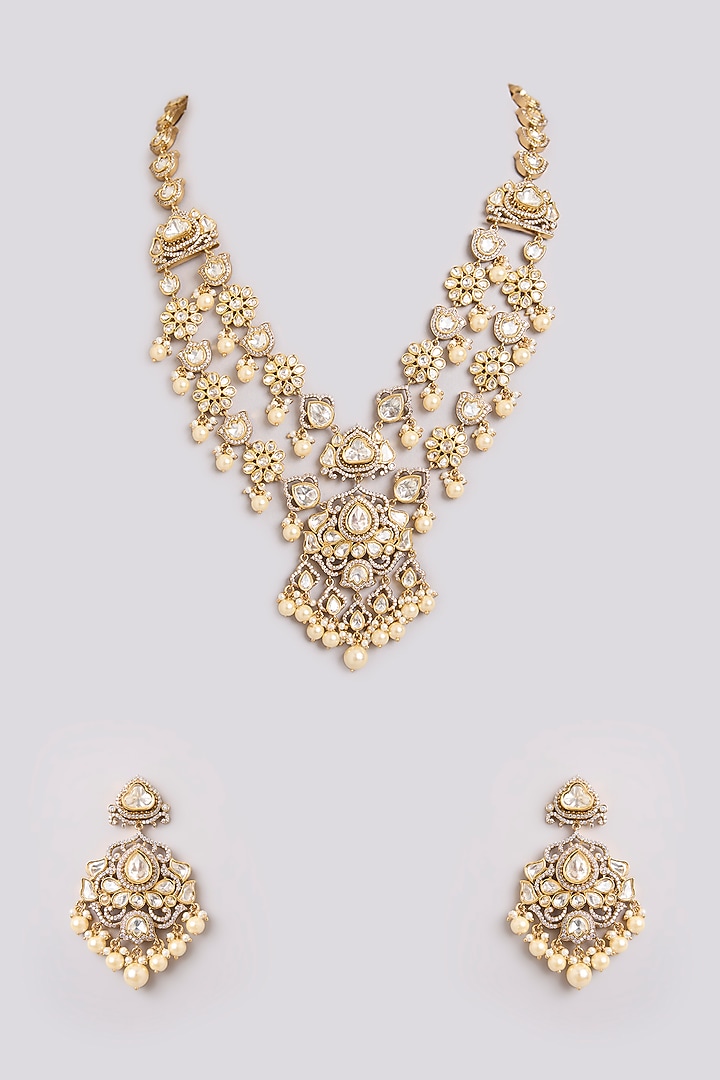 Gold Finish Kundan Polki Layered Necklace Set by Zevar by Geeta at Pernia's Pop Up Shop