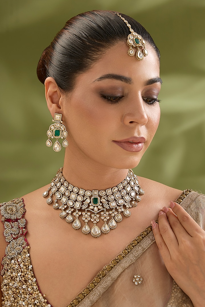 Two-Tone Finish Kundan Polki & Green Stone Necklace Set by Zevar By Geeta at Pernia's Pop Up Shop