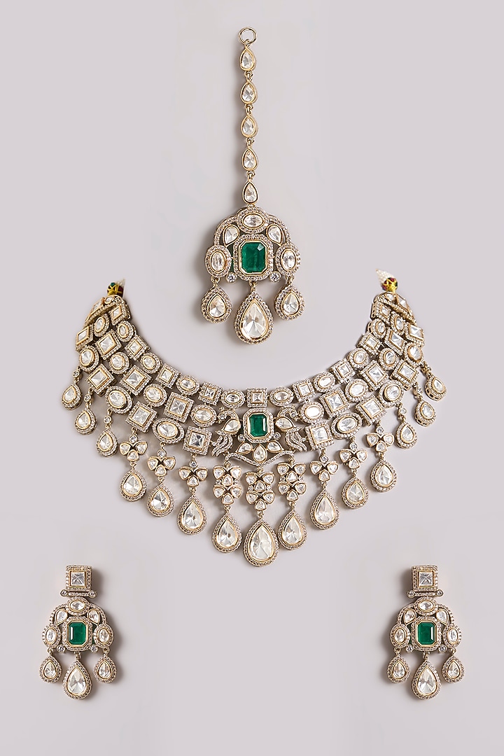 Two-Tone Finish Kundan Polki & Green Stone Necklace Set by Zevar By Geeta at Pernia's Pop Up Shop