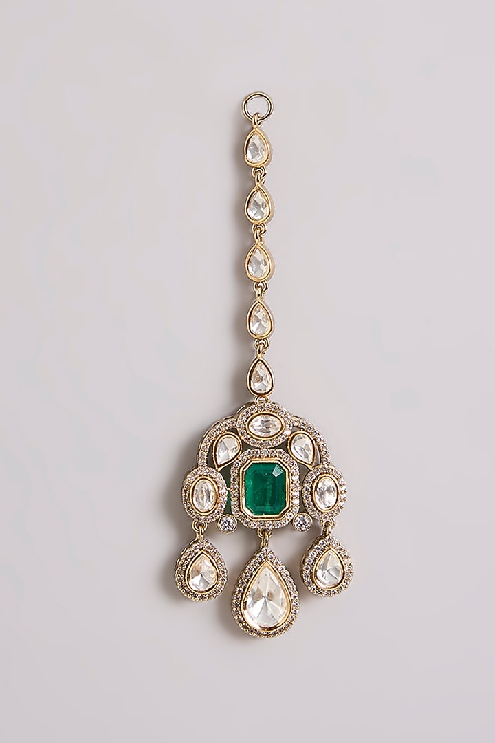 Two-Tone Finish Kundan Polki & Green Stone Necklace Set by Zevar By Geeta at Pernia's Pop Up Shop
