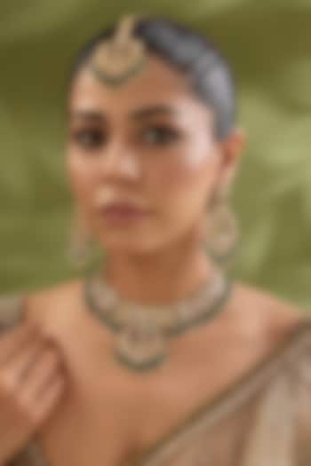 Two-Tone Finish Kundan Polki & Green Pearl Choker Necklace Set by Zevar By Geeta at Pernia's Pop Up Shop