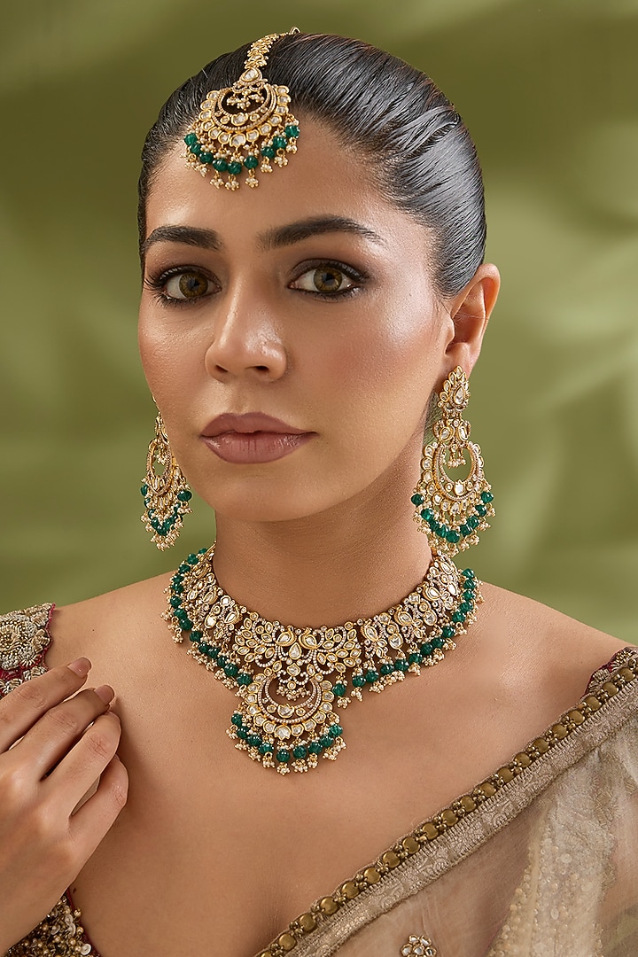 Two-Tone Finish Kundan Polki & Green Pearl Choker Necklace Set by Zevar By Geeta at Pernia's Pop Up Shop
