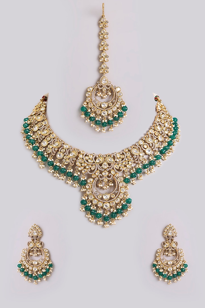 Two-Tone Finish Kundan Polki & Green Pearl Choker Necklace Set by Zevar By Geeta at Pernia's Pop Up Shop
