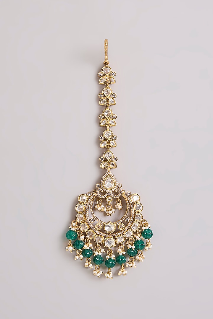 Two-Tone Finish Kundan Polki & Green Pearl Choker Necklace Set by Zevar By Geeta at Pernia's Pop Up Shop